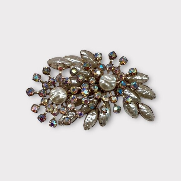 Vintage Judy Lee Baroque Faux Pearl AB Rhinestone Spray Brooch Pin #C-3 - Picture 3 of 6